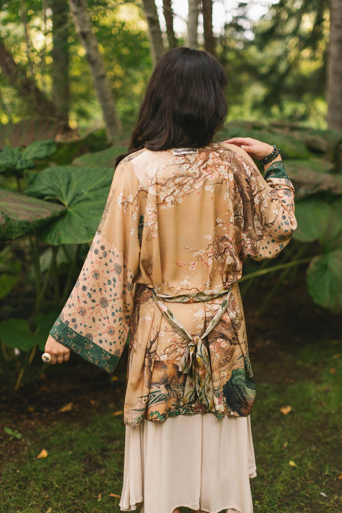 Fable Matinée Duster Bamboo Kimono w/Blossoms, mid-length