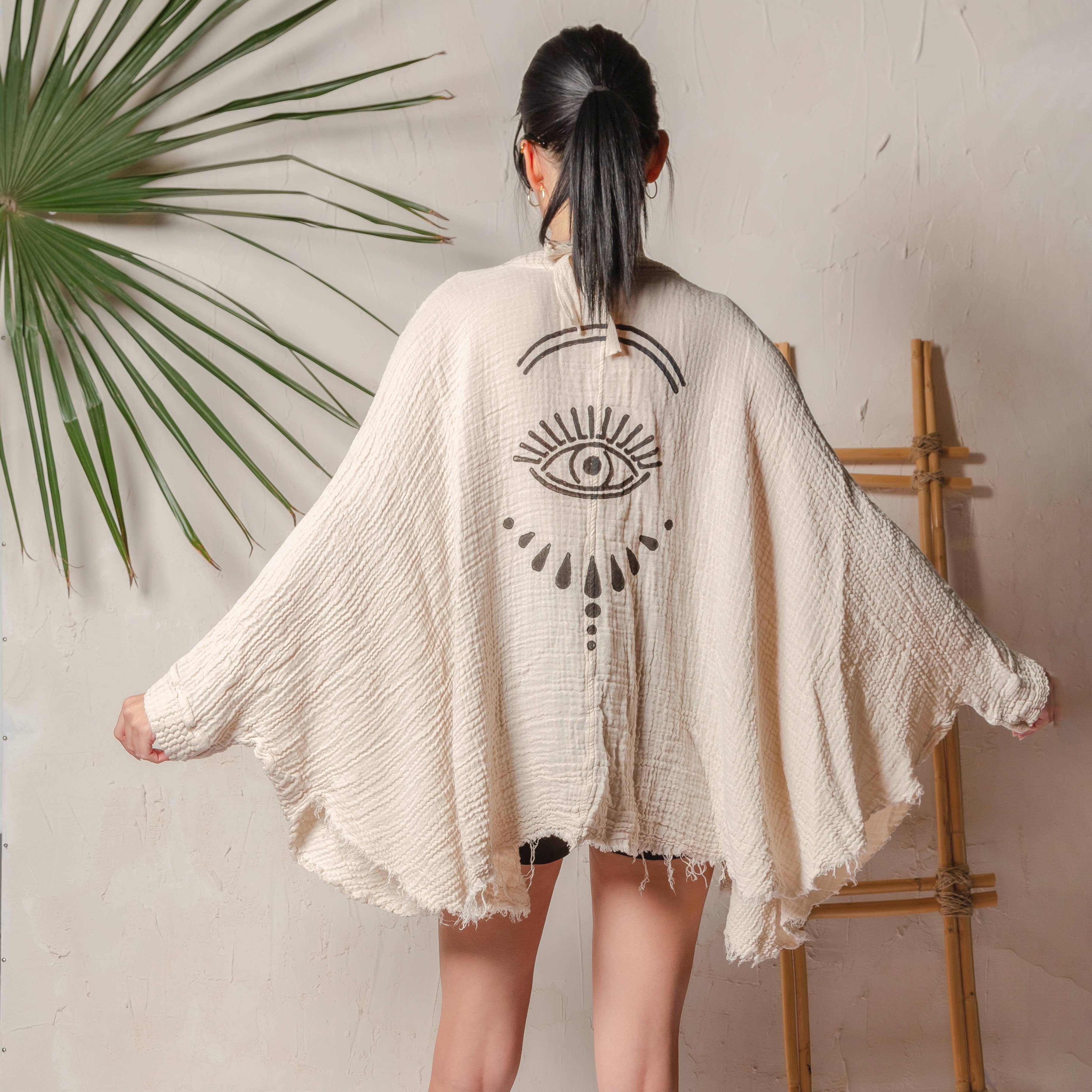 Cream Evil Eye Muslin Kimono Robe / Poncho