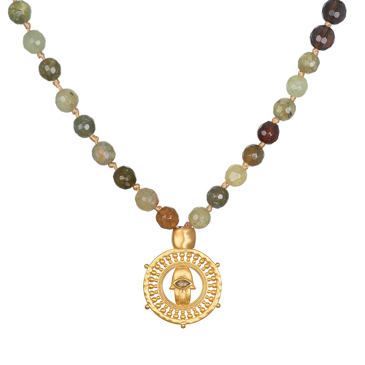 33" Green Garnet & Smokey Quartz Hamsa Mala