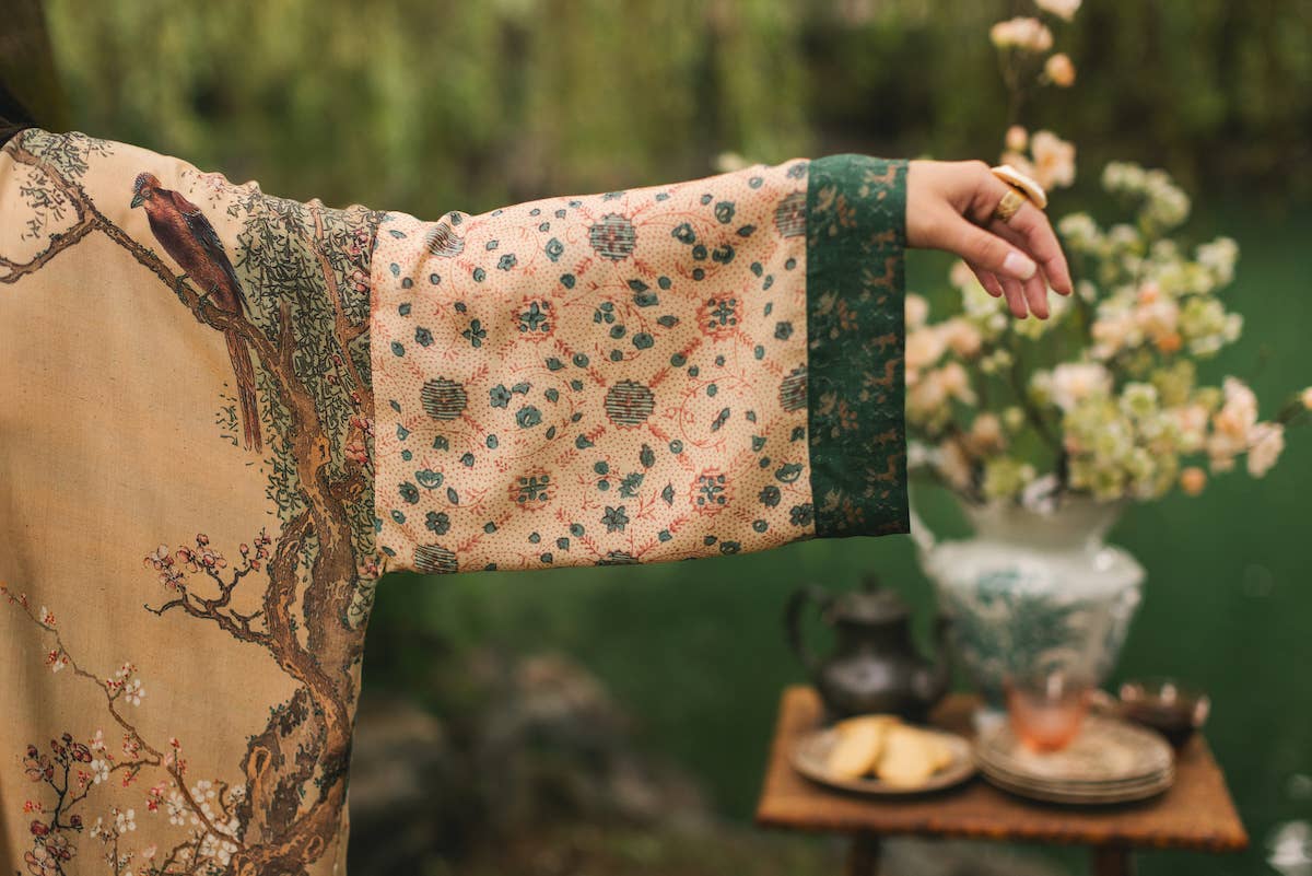 Fable Matinée Duster Bamboo Kimono w/Blossoms, mid-length