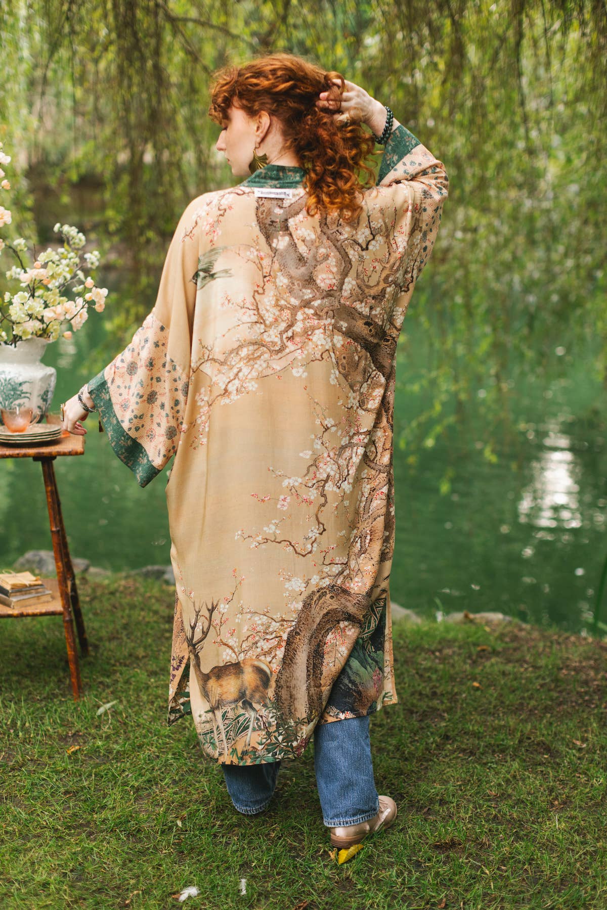 Fable Opera Duster Bamboo Kimono Robe w/ Deer Moon & Blossom