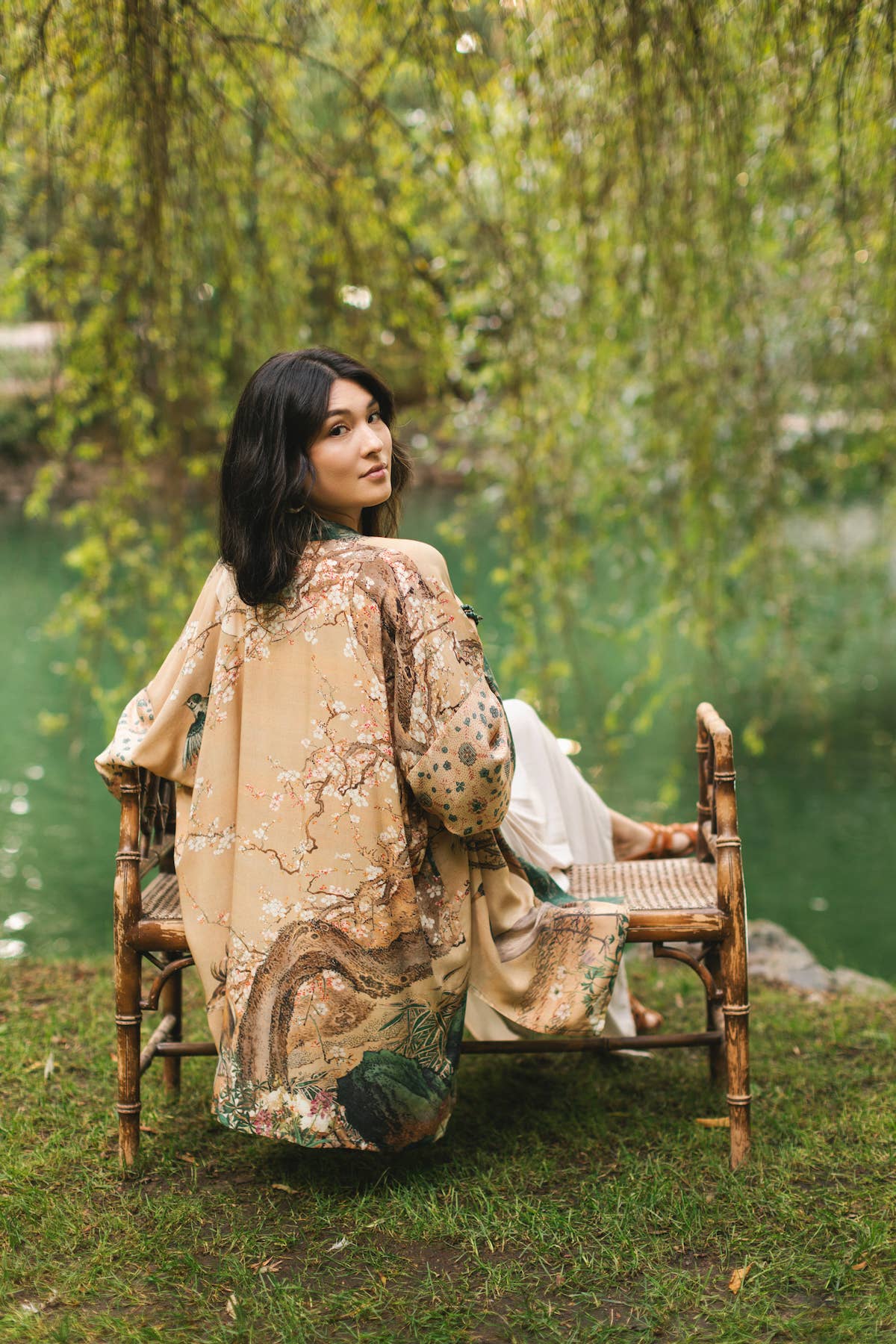 Fable Matinée Duster Bamboo Kimono w/Blossoms, mid-length