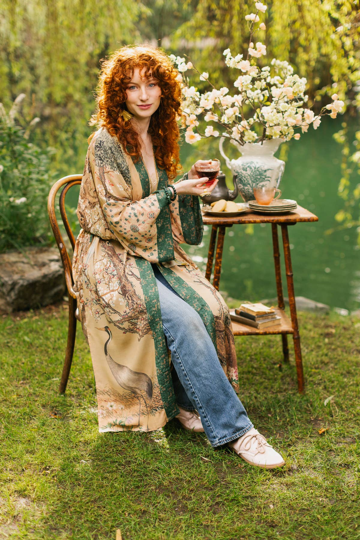 Fable Opera Duster Bamboo Kimono Robe w/ Deer Moon & Blossom