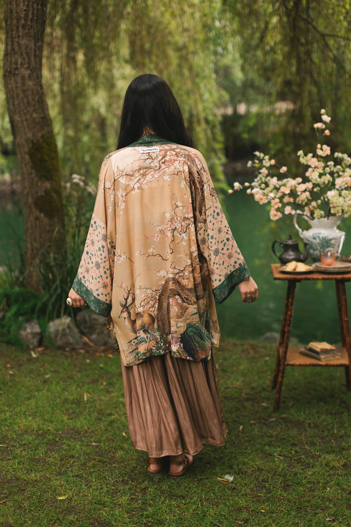 Fable Matinée Duster Bamboo Kimono w/Blossoms, mid-length