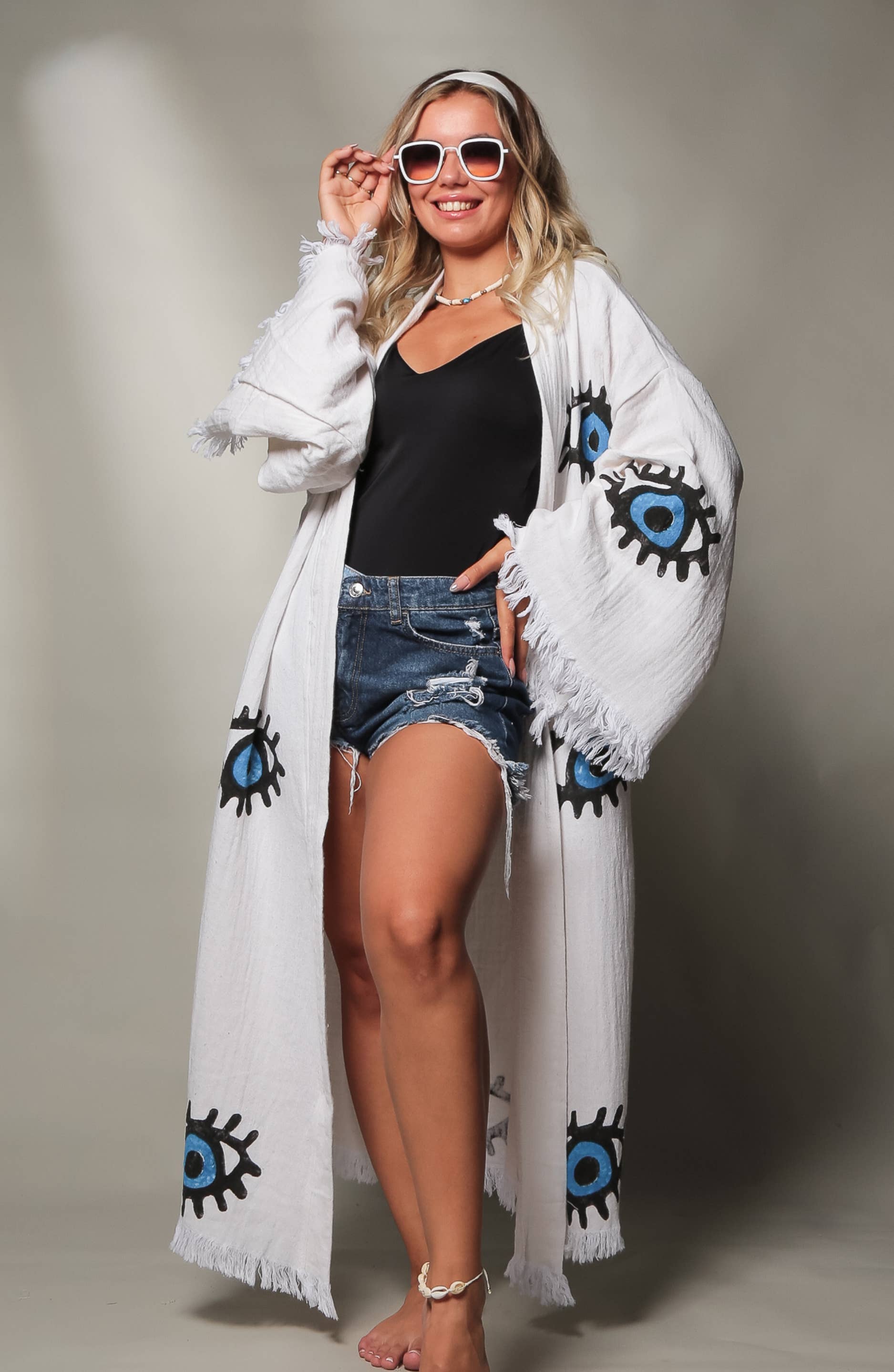 Blue Evil Eye Long Kaftan Kimono