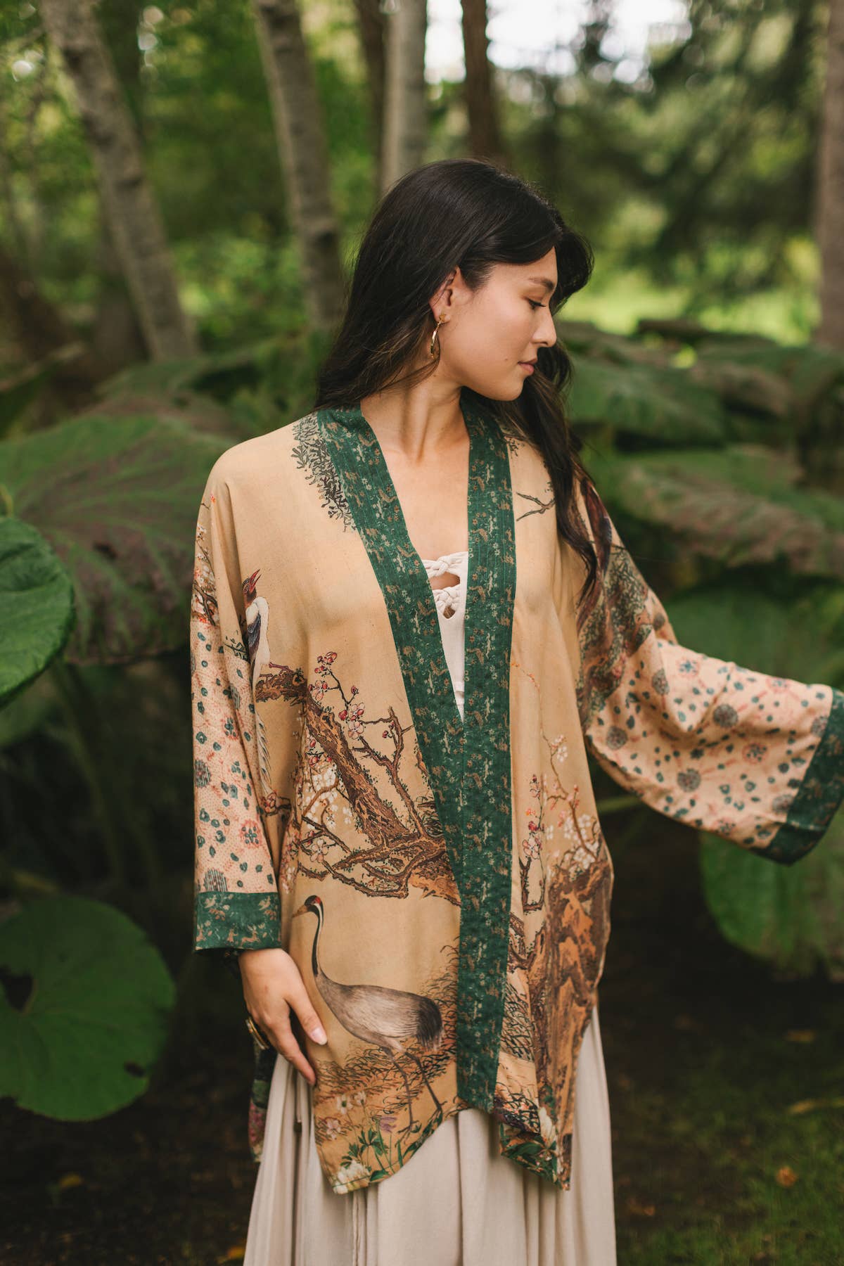 Fable Matinée Duster Bamboo Kimono w/Blossoms, mid-length