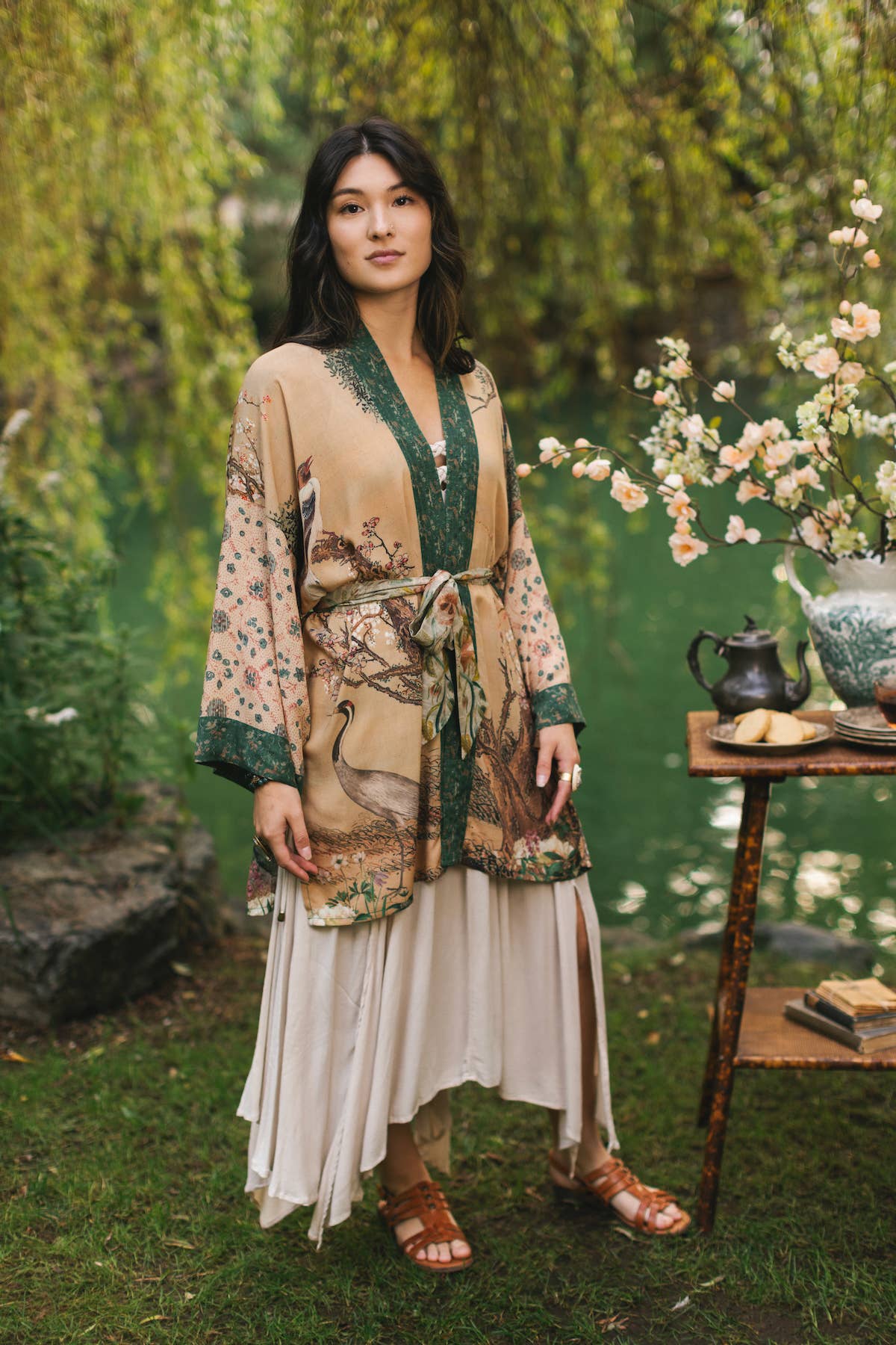 Fable Matinée Duster Bamboo Kimono w/Blossoms, mid-length