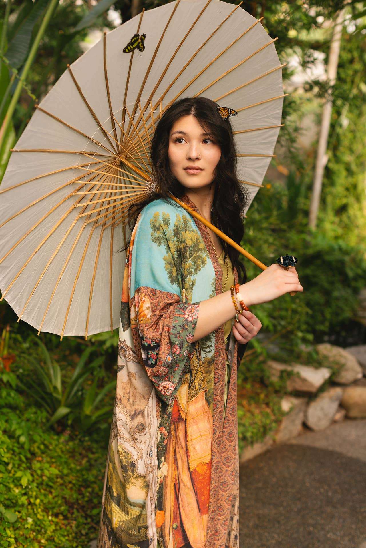 Secret Garden Opera Duster Bamboo Kimono Robe w/ Swan, Fan