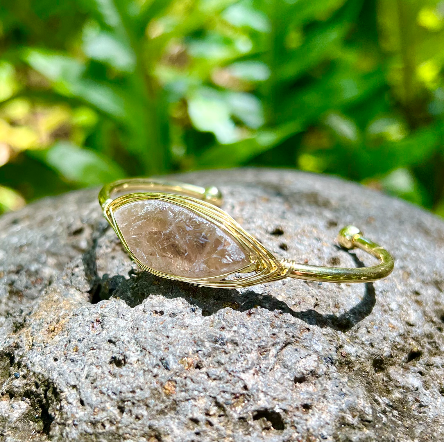 Smokey Quartz Gemstone Gold Bangle Cuff Bracelet