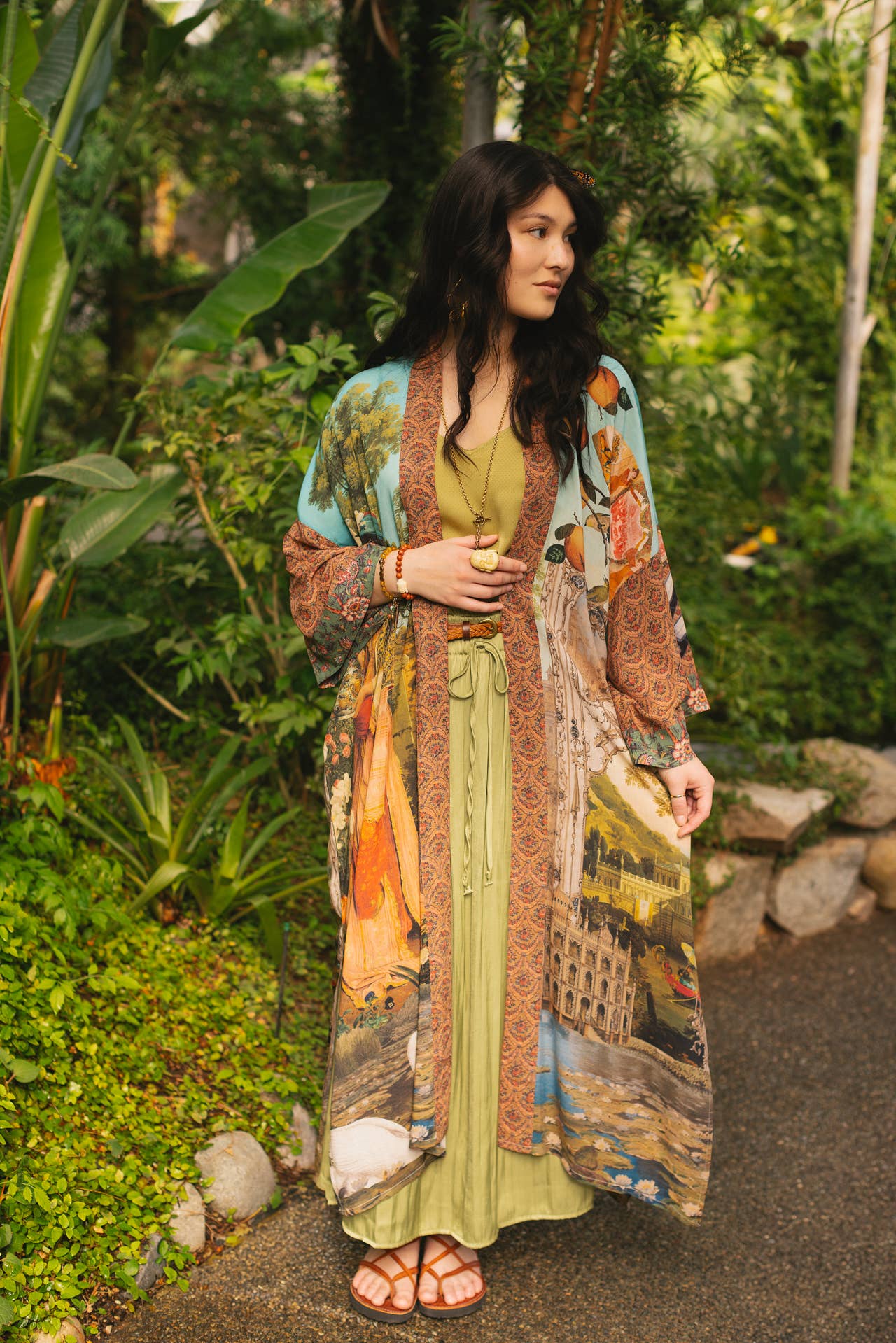 Secret Garden Opera Duster Bamboo Kimono Robe w/ Swan, Fan